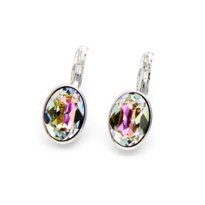 Wholesale Swarovski crystal earrings with oval-cut stones on platinum plated copper from JuneJewelry.com – luxury fashion jewelry for bulk orders.