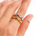 Wholesale Industrial Ball Gear Ring featuring dual-row spheres and gear motifs in 18K gold plated copper from junejewelry.com—factory price, free shipping.