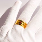 Wholesale Three-Band Open Stripe Ring featuring colorful diamond stripes on 18K gold plated copper from junejewelry.com—factory price, free shipping.