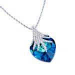 Wholesale Crystal Pave Necklace with blue Swarovski Element teardrop and white crystal pave design on 18K gold plated brass from JuneJewelry.com.