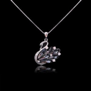 Bulk animal swan pendant necklace with genuine Swarovski crystals and platinum-plated copper—trendy wholesale design from junejewelry.com.