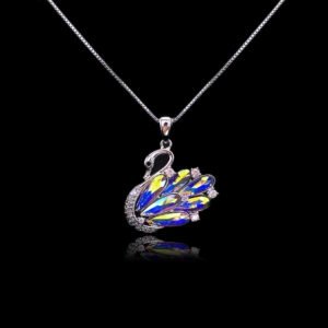 Bulk animal swan pendant necklace with genuine Swarovski crystals and platinum-plated copper—trendy wholesale design from junejewelry.com.