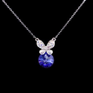 Wholesale butterfly necklace featuring Swarovski elements and platinum plating. Bulk fashion jewelry for resale.