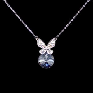 Wholesale butterfly necklace featuring Swarovski elements and platinum plating. Bulk fashion jewelry for resale.