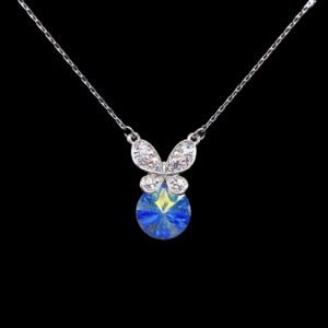 Wholesale butterfly necklace featuring Swarovski elements and platinum plating. Bulk fashion jewelry for resale.