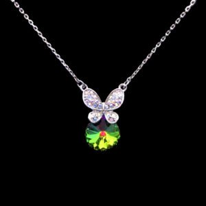 Wholesale butterfly necklace featuring Swarovski elements and platinum plating. Bulk fashion jewelry for resale.