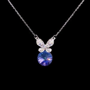 Wholesale butterfly necklace featuring Swarovski elements and platinum plating. Bulk fashion jewelry for resale.
