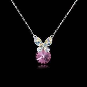 Wholesale butterfly necklace featuring Swarovski elements and platinum plating. Bulk fashion jewelry for resale.