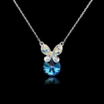 Wholesale butterfly necklace featuring Swarovski elements and platinum plating. Bulk fashion jewelry for resale.