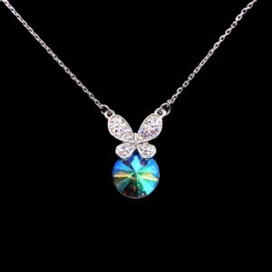 Wholesale butterfly necklace featuring Swarovski elements and platinum plating. Bulk fashion jewelry for resale.