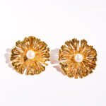 Wholesale statement flower earrings featuring a firework design, pearl accents, and available in 18K gold and platinum plated copper from junejewelry.com