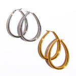 Wholesale Oval Teardrop U-Shape Clip Earrings featuring oversized teardrop and geometric hollow U-shape clip in 18K gold-plated copper from junejewelry.com—factory price, free shipping.