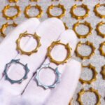 Wholesale Industrial Gear Hoop Earrings featuring rotating gear motifs on copper hoops plated in 18K gold or platinum from junejewelry.com—factory price, free shipping.