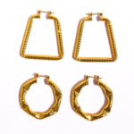 Wholesale geometry Hoop Earrings featuring gear motifs, snake-pattern facets, and geometric trapezoid hoops plated in 18K gold-over-copper from junejewelry.com—factory price, free shipping.
