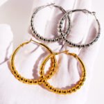 Wholesale Bead Hoop Earrings featuring oversized copper hoops with bamboo segments and round bead accents, plated in 18K gold or platinum from junejewelry.com—factory price, free shipping.
