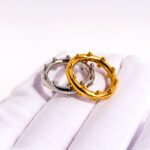 Wholesale Industrial Ball Gear Ring featuring dual-row spheres and gear motifs in 18K gold plated copper from junejewelry.com—factory price, free shipping.