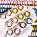 Wholesale Dopamine Enamel Hoop Earrings featuring multicolor enamel drip glaze on petite stackable blue hoops from junejewelry.com—factory price, free shipping