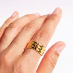 Wholesale Three-Band Open Stripe Ring featuring colorful diamond stripes on 18K gold plated copper from junejewelry.com—factory price, free shipping.