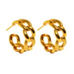 Wholesale C-Shape Hollow Chain Hoop Earrings featuring a geometric C-shape and hollow chain link buckle, plated in 18K gold or platinum copper from junejewelry.com—factory price, free shipping.