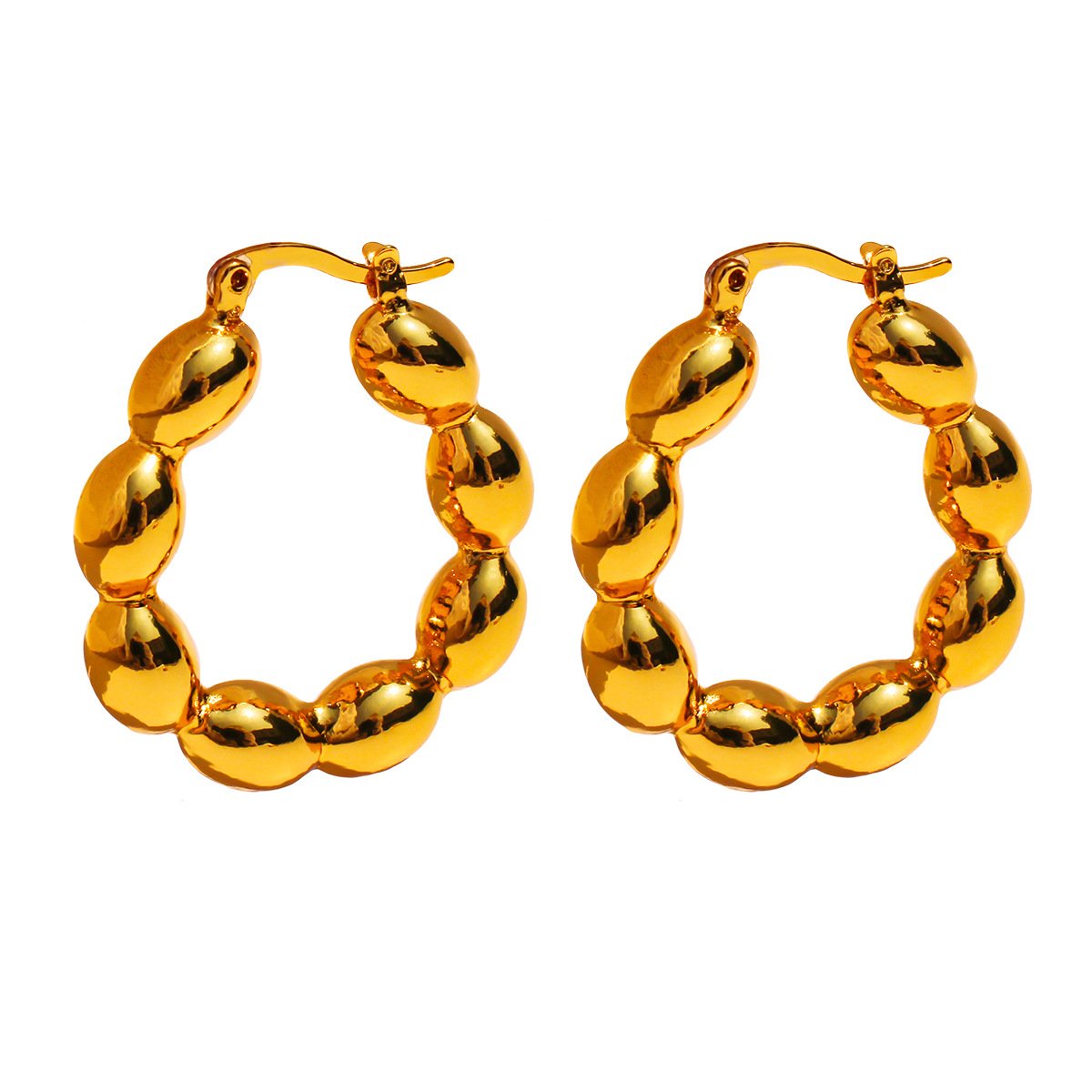 主图-05 Wholesale Olive Bead U-Shape Hoop Earrings featuring olive seed beads on a copper band plated in 18K gold and platinum from junejewelry.com—factory price, free shipping.