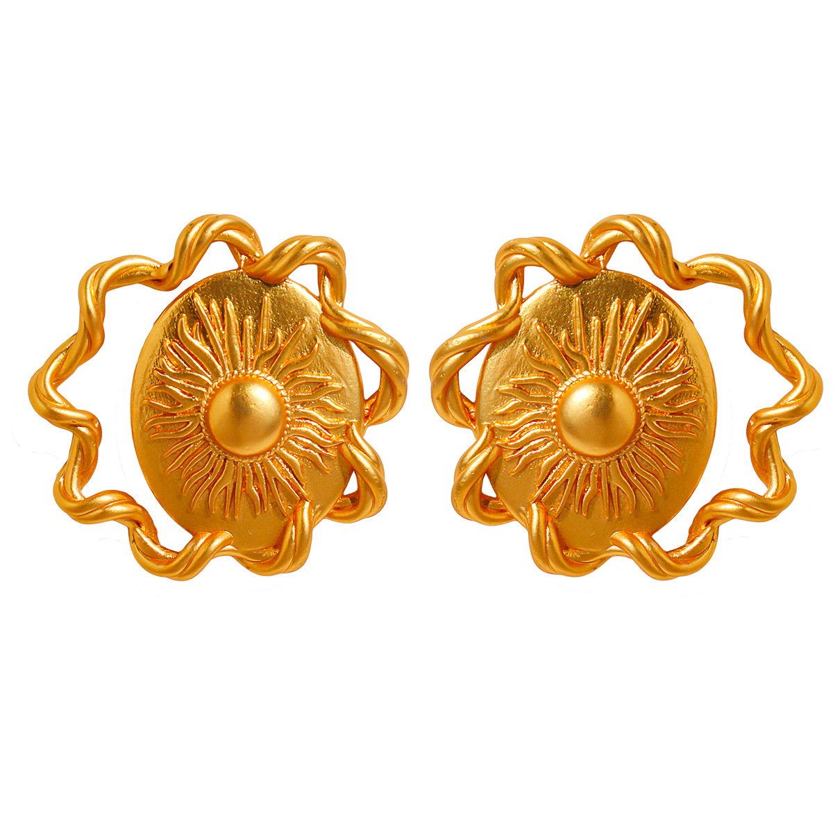 主图-05 Wholesale Sun Relief Stud Earrings featuring vintage relief sun medallion and twisted ribbon knot on copper with 18K gold or platinum plating from junejewelry.com—factory price, free shipping.