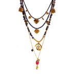 Wholesale lapis lazuli layering necklace featuring lapis beads, a gold coin pendant, shell accents, and 18K gold plated copper from junejewelry.com