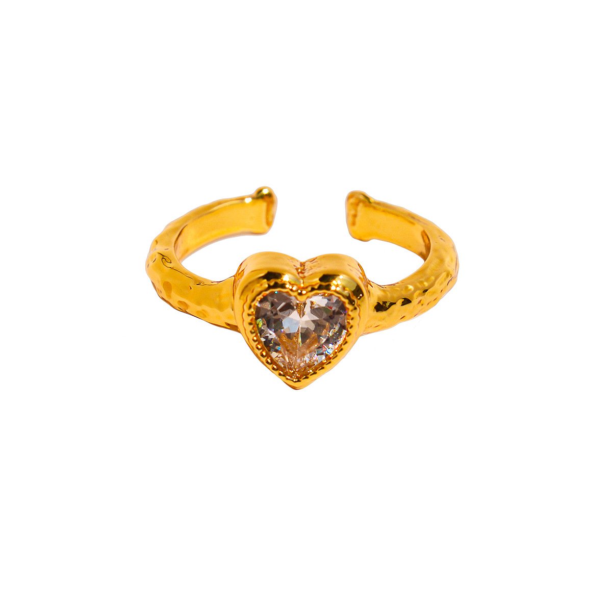 主图-05 Wholesale Vintage Hammered Heart Zircon Ring with hand-hammered texture and 18K gold plated copper from junejewelry.com—factory price, free shipping.