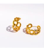 Wholesale C-Shape Hollow Chain Hoop Earrings featuring a geometric C-shape and hollow chain link buckle, plated in 18K gold or platinum copper from junejewelry.com—factory price, free shipping.