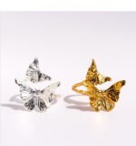 Wholesale Artistic Butterfly Open Ring featuring delicate butterfly motifs on an open copper band plated in 18K gold and platinum from junejewelry.com—factory price, free shipping.