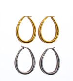 Wholesale Oval Teardrop U-Shape Clip Earrings featuring oversized teardrop and geometric hollow U-shape clip in 18K gold-plated copper from junejewelry.com—factory price, free shipping.