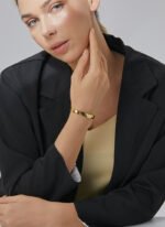 Wholesale European-style hammered cuff bracelet featuring a 14k gold plated copper design from junejewelry.com