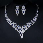 Wholesale cubic zirconia bridal jewelry set with a sparkling necklace and leaf-design drop earrings in platinum-plated copper, from JuneJewelry.com.