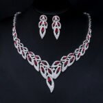 Wholesale cubic zirconia bridal jewelry set with a sparkling necklace and leaf-design drop earrings in platinum-plated copper, from JuneJewelry.com.