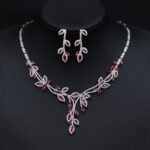 Wholesale leaf cubic zirconia wedding jewelry set with platinum-plated copper necklace and matching earrings, available in clear, green, and red from JuneJewelry.com.