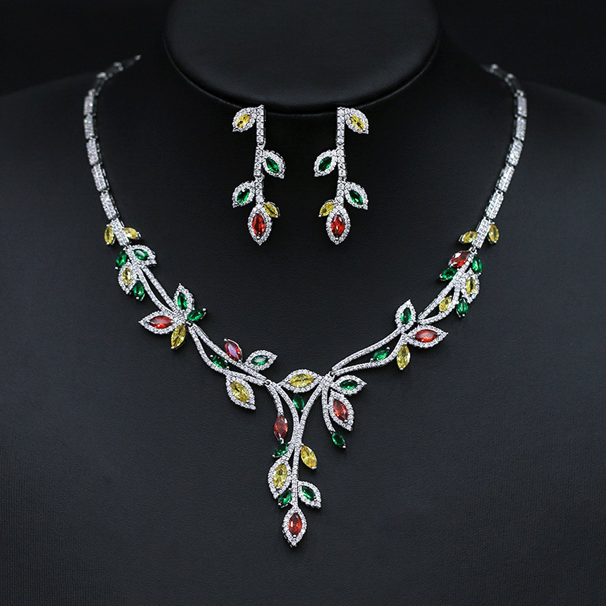 CN10714.528.E Wholesale leaf cubic zirconia wedding jewelry set with platinum-plated copper necklace and matching earrings, available in clear, green, and red from JuneJewelry.com.