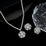 Radiant sunburst cubic zirconia necklace and earring set with platinum plating on a black background.
