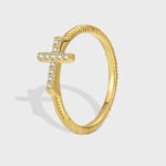 Wholesale Cross Zircon Ring with 18K gold or platinum plating, minimalist design with sparkling stones — trendy wholesale ring from junejewelry.com.