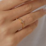 Wholesale Cross Zircon Ring with 18K gold or platinum plating, minimalist design with sparkling stones — trendy wholesale ring from junejewelry.com.