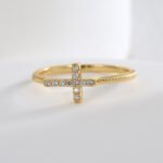 Wholesale Cross Zircon Ring with 18K gold or platinum plating, minimalist design with sparkling stones — trendy wholesale ring from junejewelry.com.