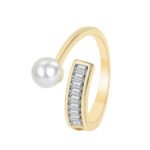 Wholesale Pearl Zircon Ring with adjustable open design, ladder-set zircon, and synthetic pearl on 18K gold-plated brass band from junejewelry.com.
