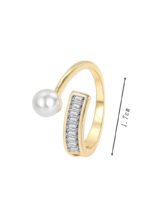 Wholesale Pearl Zircon Ring with adjustable open design, ladder-set zircon, and synthetic pearl on 18K gold-plated brass band from junejewelry.com.