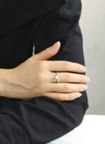 Wholesale Pearl Zircon Ring with adjustable open design, ladder-set zircon, and synthetic pearl on 18K gold-plated brass band from junejewelry.com.