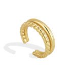 Wholesale twisted open ring in 18K gold-plated brass with smooth rope design, double-layer adjustable fashion ring from junejewelry.com – no stones.