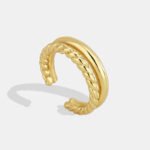 Wholesale twisted open ring in 18K gold-plated brass with smooth rope design, double-layer adjustable fashion ring from junejewelry.com – no stones.