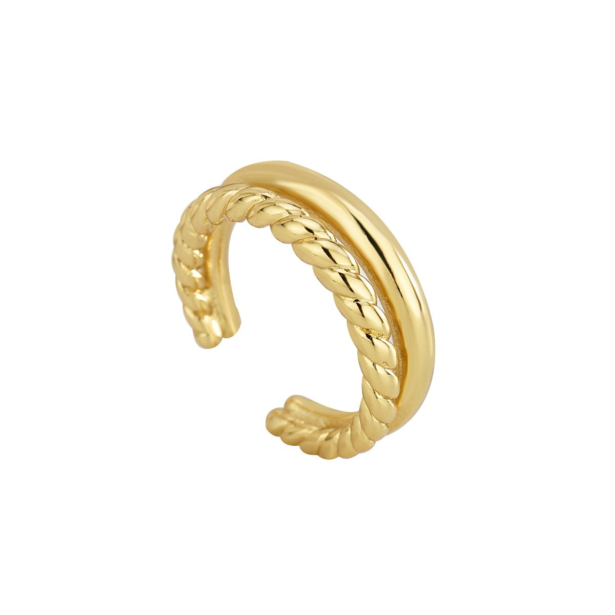 R0193 (8) Wholesale twisted open ring in 18K gold-plated brass with smooth rope design, double-layer adjustable fashion ring from junejewelry.com – no stones.
