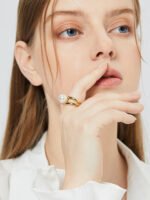 Wholesale pearl ring featuring a classic design with 18K gold plated copper and a simulated pearl from junejewelry.com