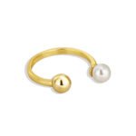 Geometric Ball Pearl Ring featuring an open copper band plated in 18K gold with a spherical bead and a freshwater pearl on opposing ends from junejewelry.com—factory price, free shipping.