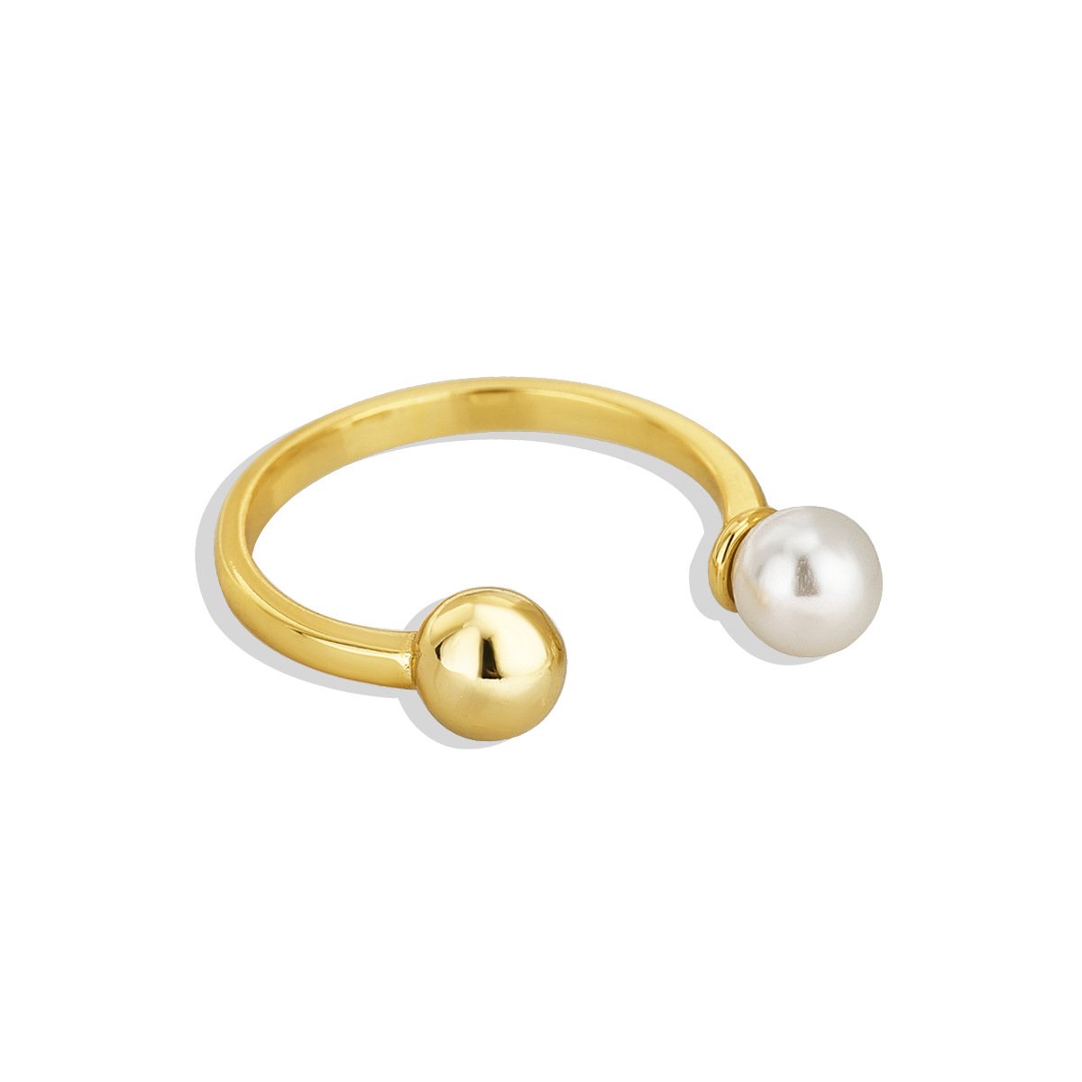R0205 (1) Geometric Ball Pearl Ring featuring an open copper band plated in 18K gold with a spherical bead and a freshwater pearl on opposing ends from junejewelry.com—factory price, free shipping.