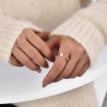 Geometric Ball Pearl Ring featuring an open copper band plated in 18K gold with a spherical bead and a freshwater pearl on opposing ends from junejewelry.com—factory price, free shipping.