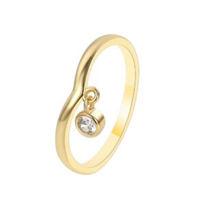Wholesale dainty zircon ring with single cubic zirconia and 18K gold-plated copper band – stackable minimalist style from junejewelry.com.